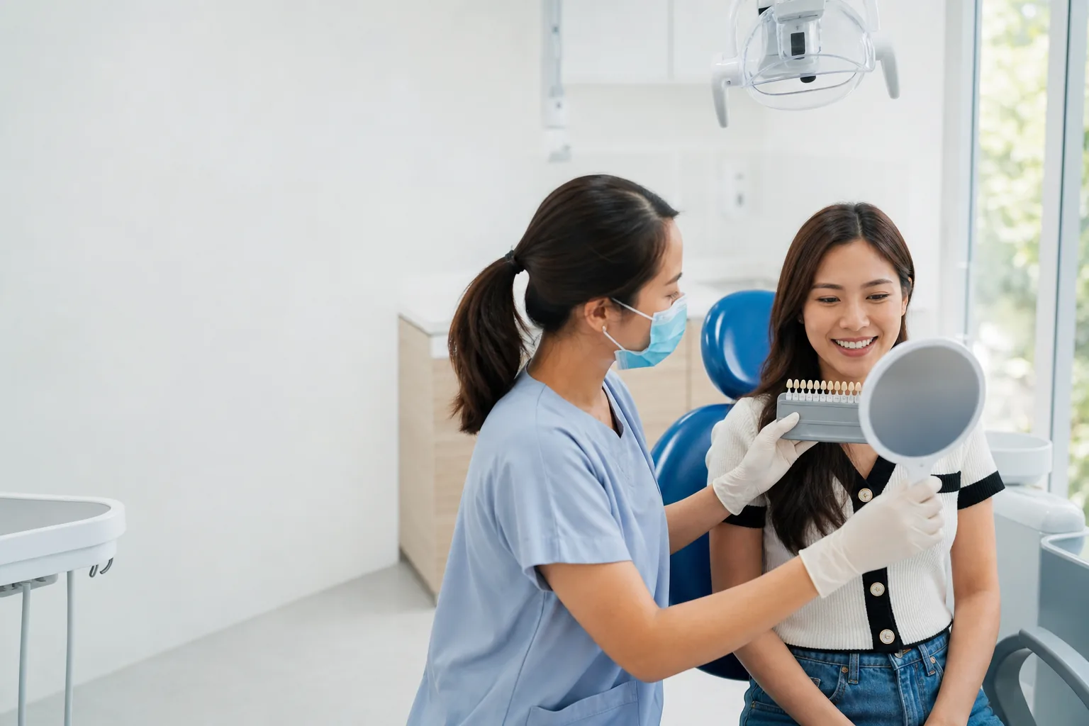 Smiling Filipino patient discussing cosmetic dental goals with a professional