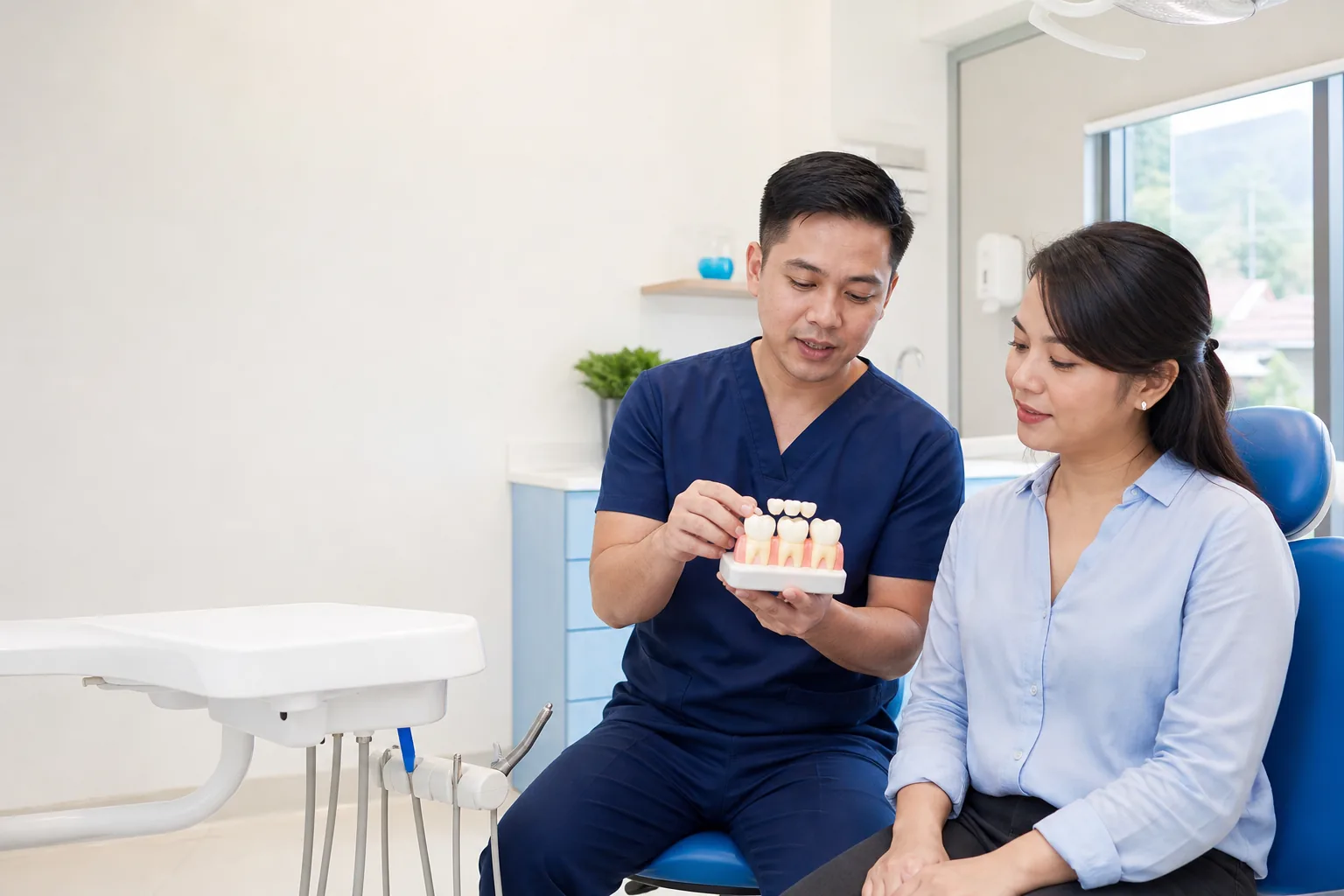 Dental professional showing a crown and bridge model to a patient