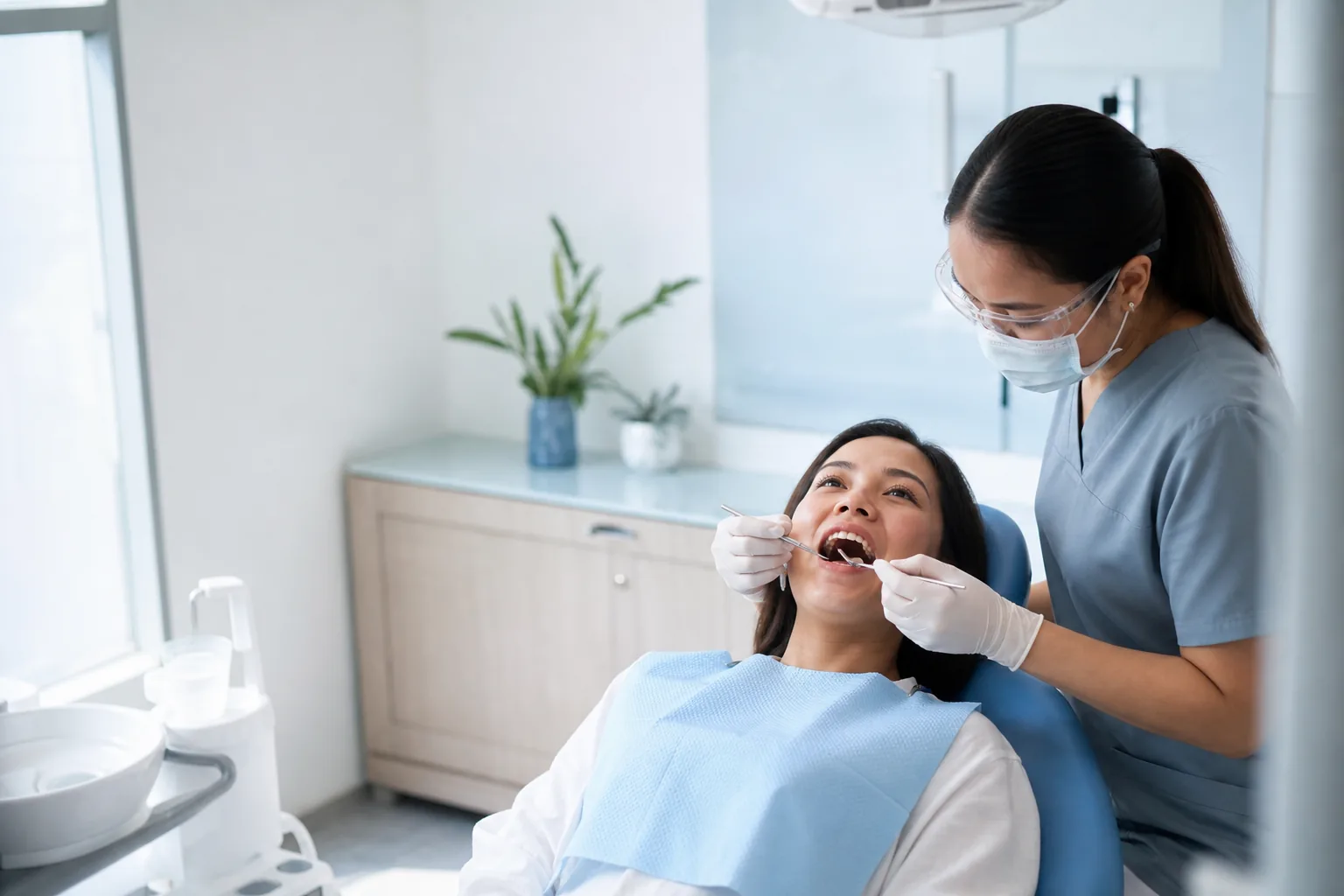 Dental professional preparing a patient for a routine checkup in a bright clinic