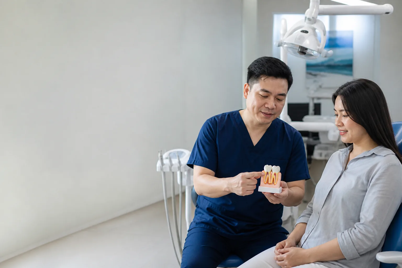 Dental professional explaining a tooth model to a patient